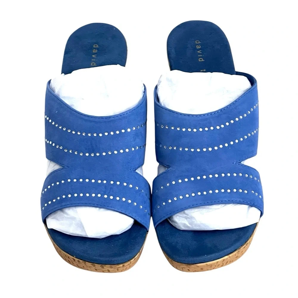 David Tate Wedge Open Toe Slip On Sandals Leather Upper Embedded‎ Rhinestones